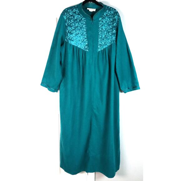 Vintage Green Fleece Robe Long 1X Zip Up Pleat Gown House Dress Embroidery - Picture 1 of 7